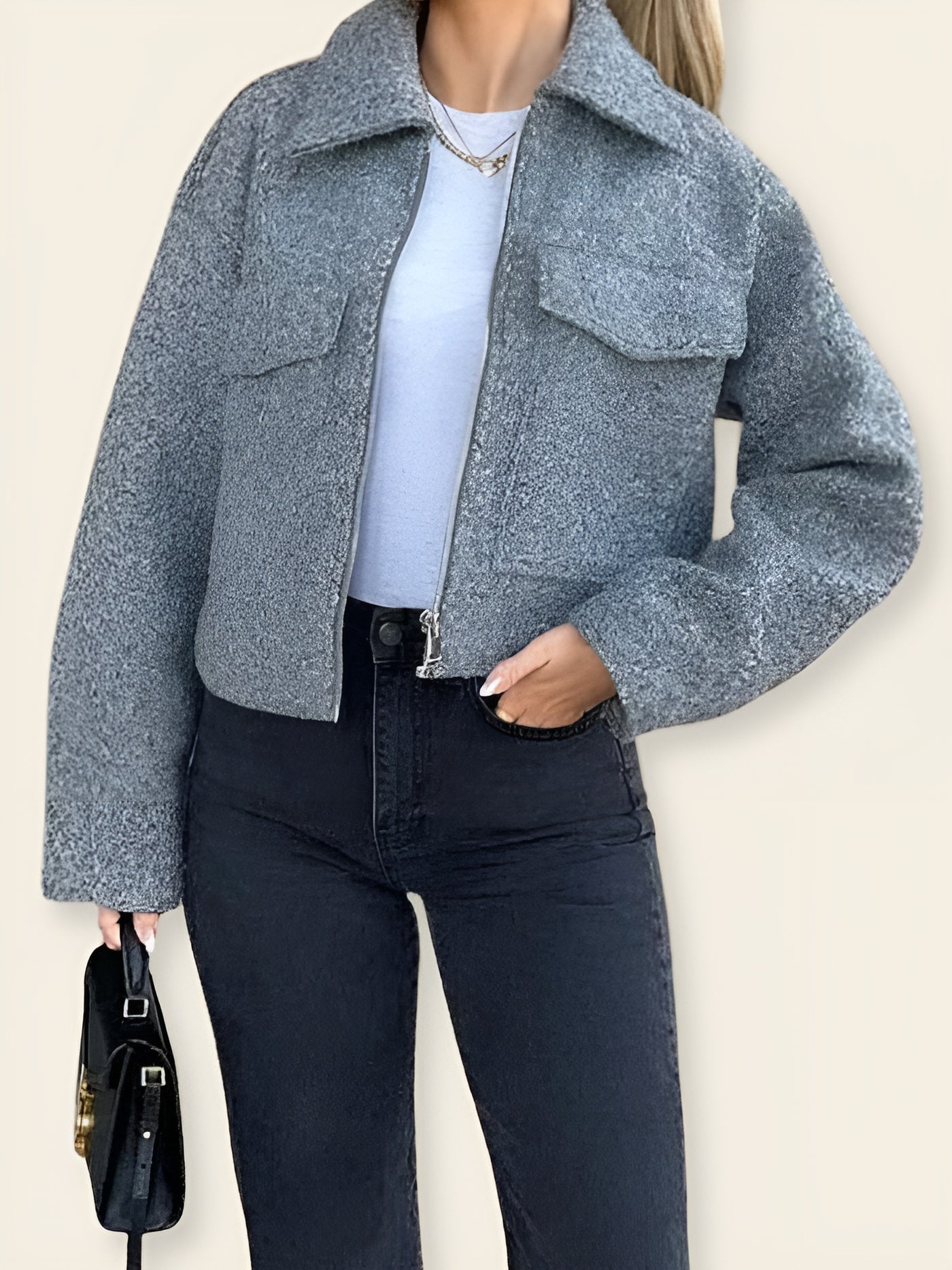 Sara™ | Giacca Cropped Bouclé Grigia